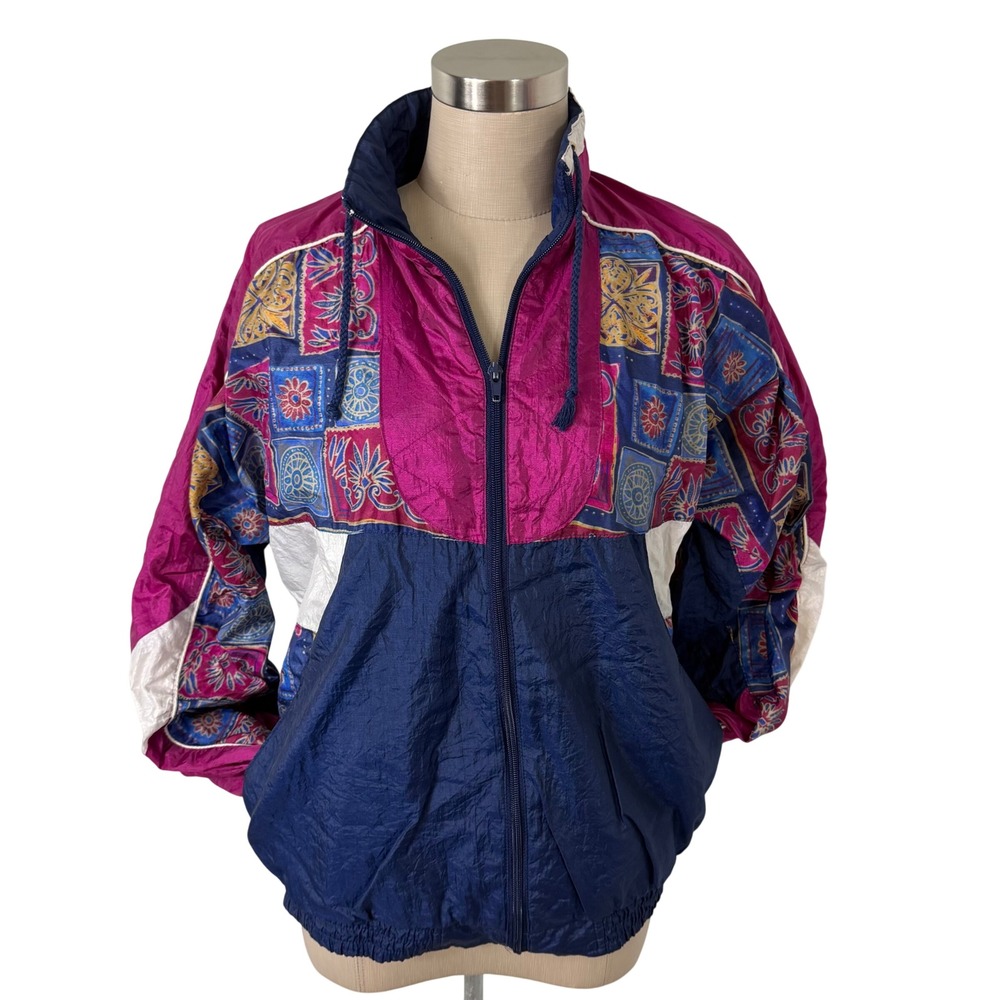 BOLD SPIRIT Vintage 90s Geometric Print Windbreaker‎ Jacket Size S Magenta Navy